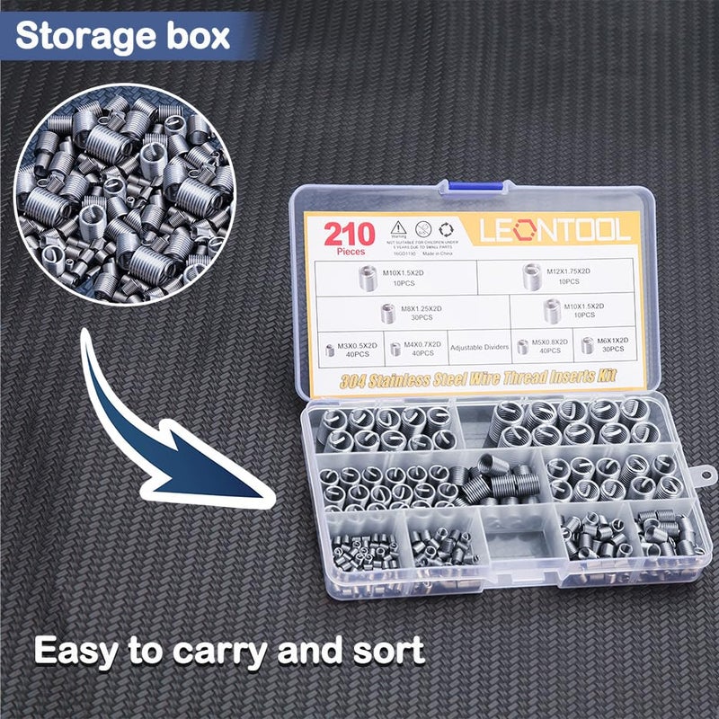LEONTOOL 210pcs Wire Thread Inserts Steel Sheath Helical Type Coiled Wire Screw Repair Sleeve Assortment Kit Screws Sleeve Helicoil Type Thread Repair Kit Coiled Spiral Screw Kit with Plastic Box - Image 3